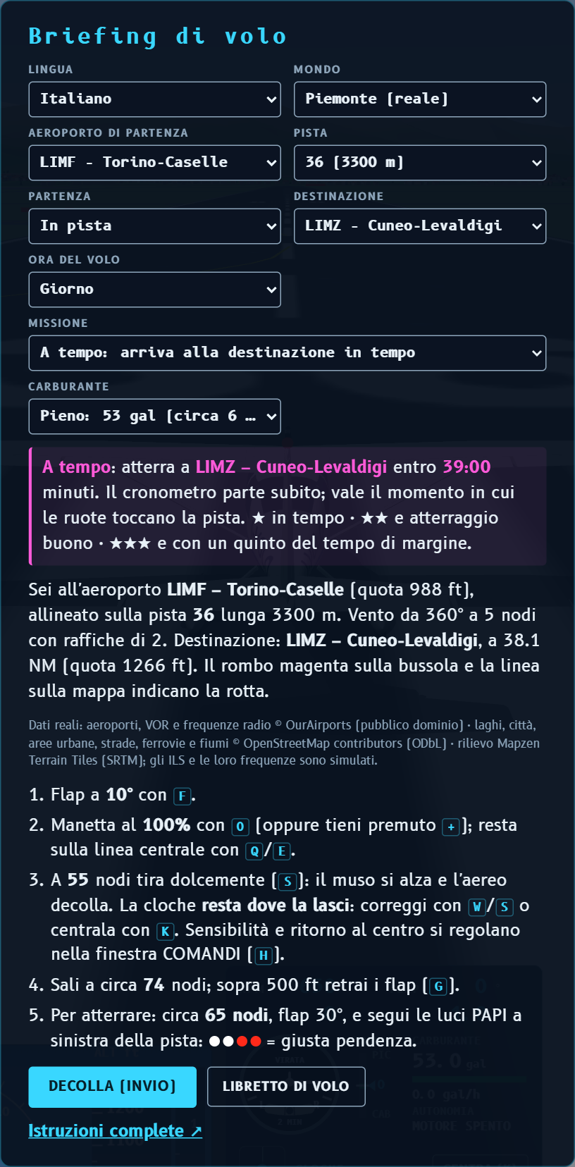 Finestra del briefing di volo con i selettori di mondo, aeroporto, pista, destinazione, missione e carburante
