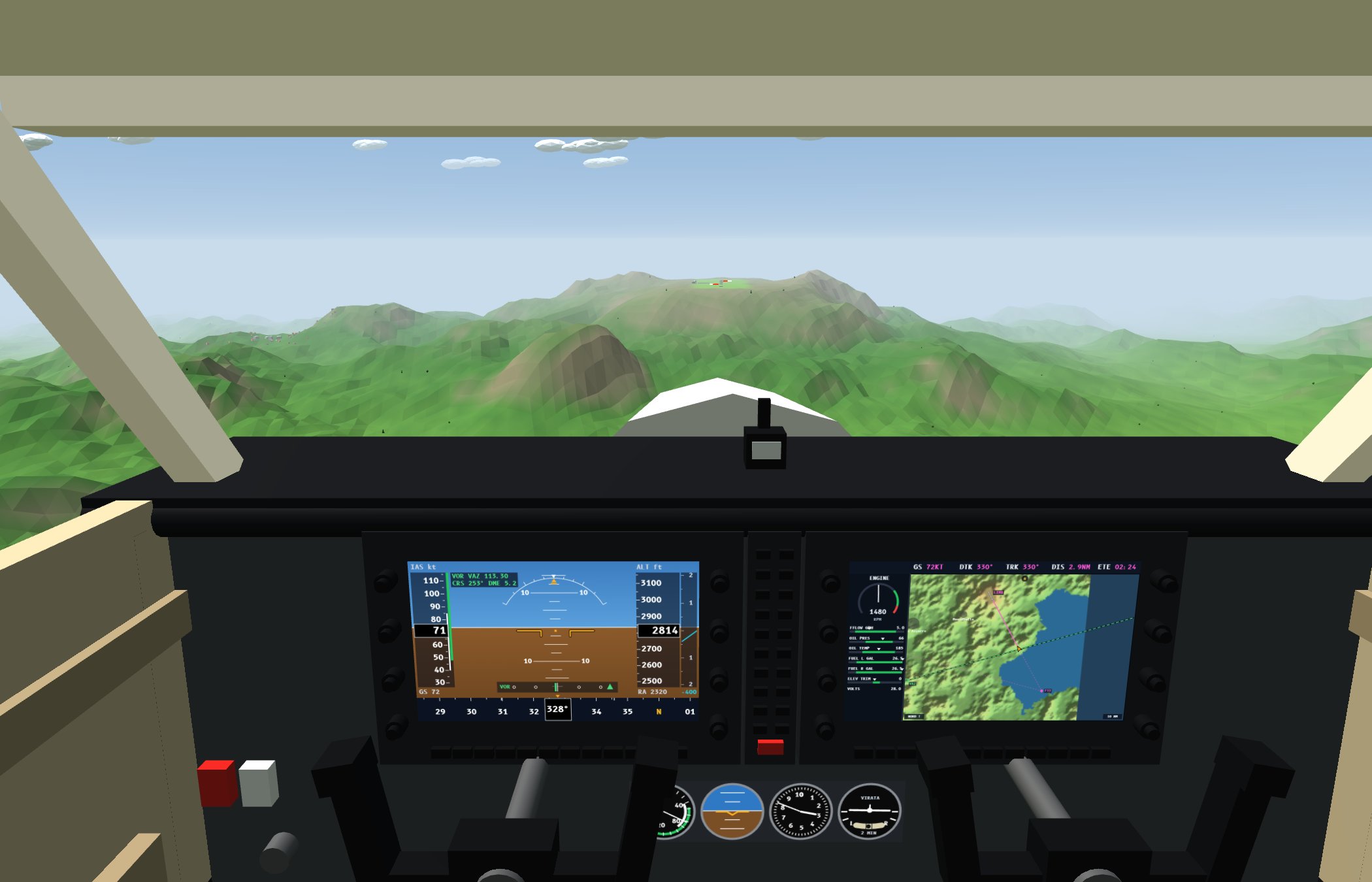 Vista dalla cabina: parabrezza, schermi PFD e MFD del G1000, cloche e strumenti di riserva
