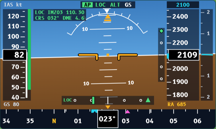 PFD on an ILS approach with the autopilot: AP LOC ALT mode bar with GS armed, localizer needle and glide slope diamond at the top