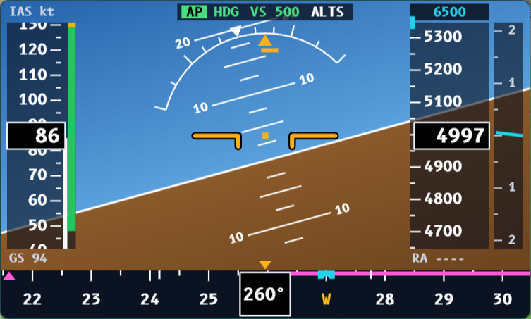 PFD with the autopilot climbing: mode bar AP HDG VS 500 ALTS, selected altitude in cyan and the heading bug on the compass