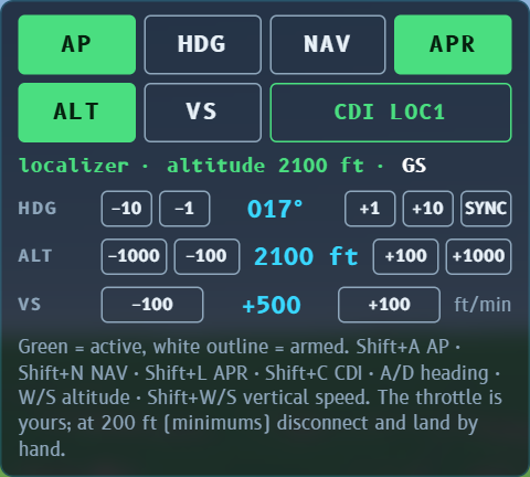 AP tab: AP button on, HDG and VS modes, selected heading, altitude and vertical speed with buttons