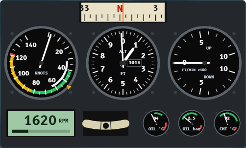 C42 analogue panel: compass strip, airspeed indicator, altimeter, vertical speed indicator, digital tachometer, slip ball, oil temperature and pressure, cylinder head temperature