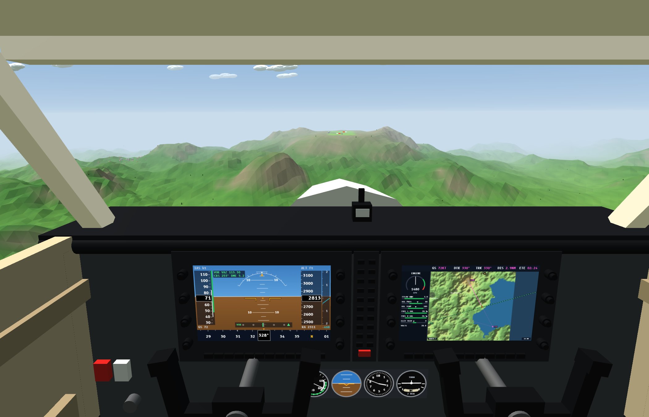 Cockpit view: windscreen, G1000 PFD and MFD screens, control yokes and standby instruments