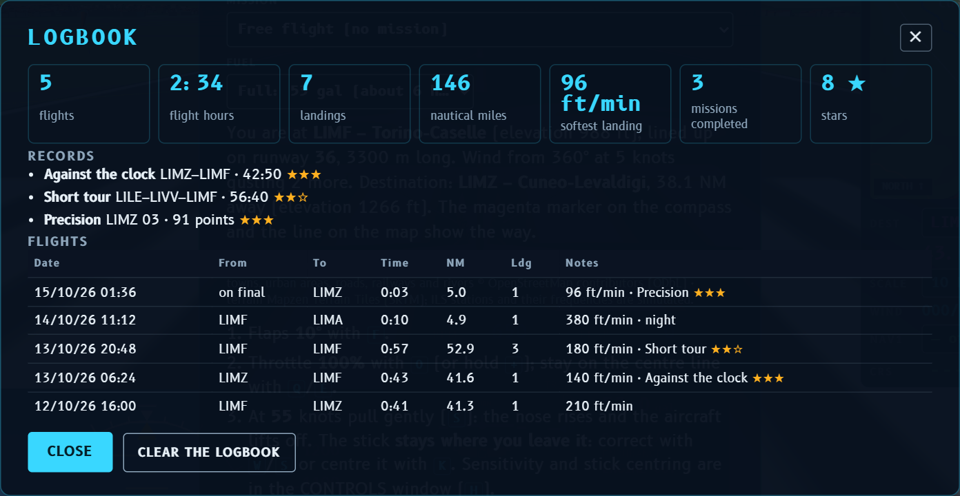 Logbook with totals, records and the list of flights