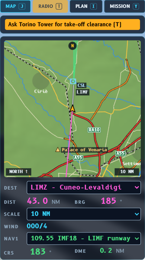 MAP tab: moving map over Turin with roads, airports, VORs and the magenta route