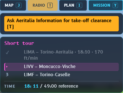 Right column with the MISSION tab of a short tour: first stop done, second in progress, time and reference