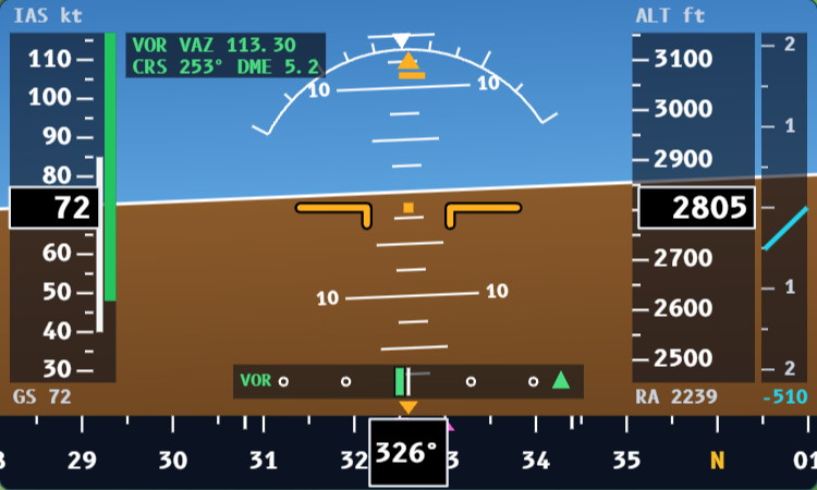 PFD on final approach with the ILS tuned: airspeed tape, horizon, altitude, vertical speed, localizer needle and glide slope diamond