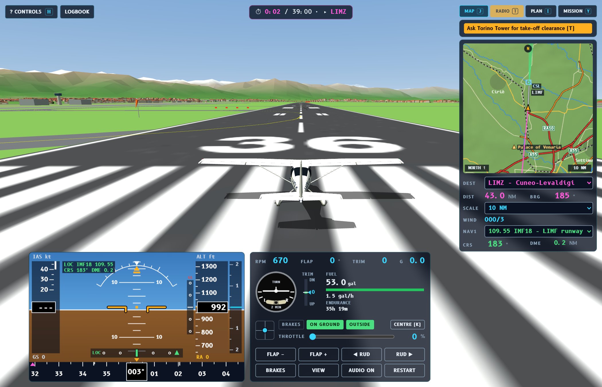 Game screen on the Turin-Caselle runway with the buttons at the top left, the timed mission at the top centre, the tabbed column with the map, the PFD and the engine panel
