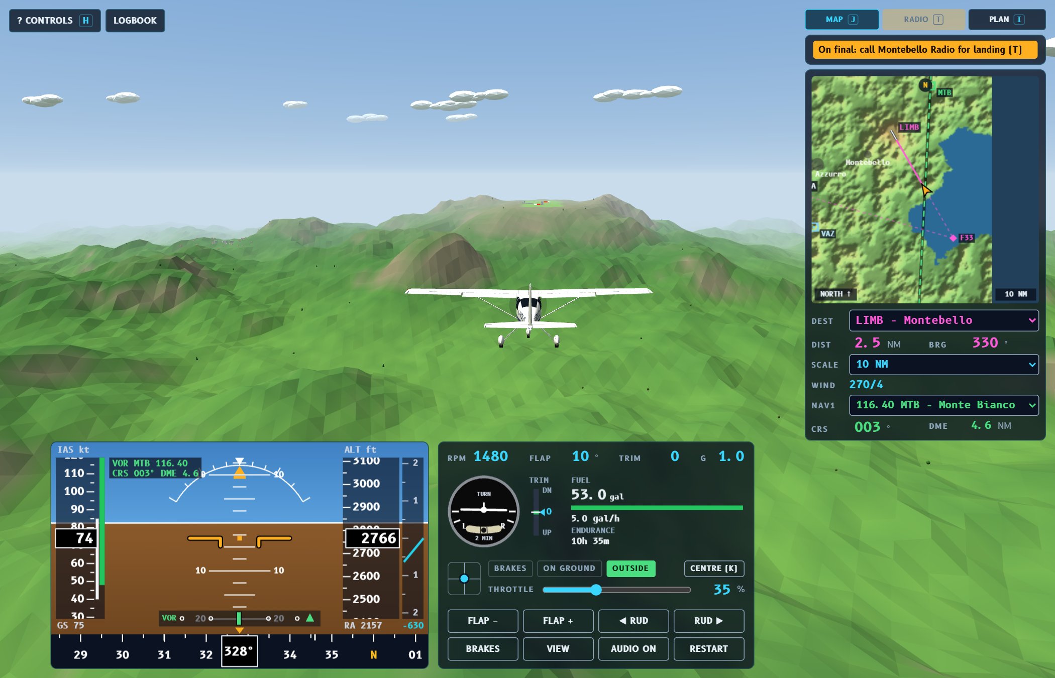Outside view of the Cessna in a gentle turn over the hills of Valle Azzurra
