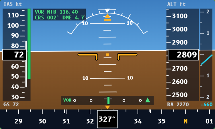PFD con il VOR VAZ sintonizzato: riquadro NAV1 e scala di deviazione con il triangolo TO