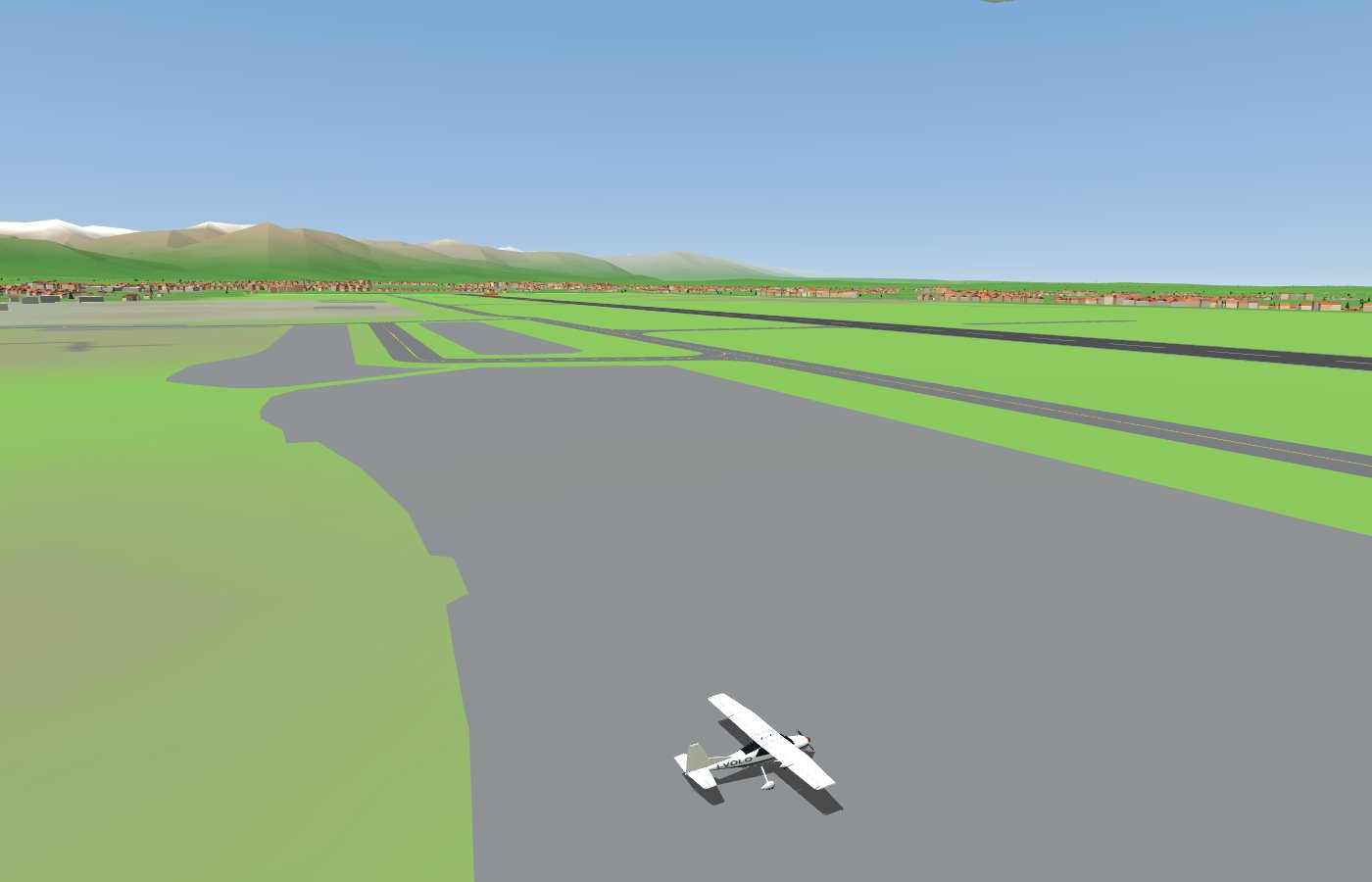 Il Cessna sul piazzale di Torino-Caselle, con le vie di rullaggio vere e le loro linee gialle verso la pista